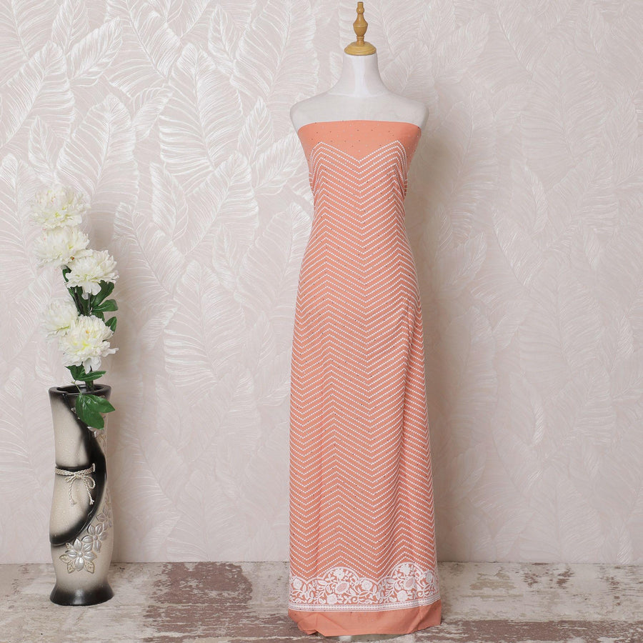 Peach blended cotton lawn fabric with white embroidery having stone work in abstract design-D16065