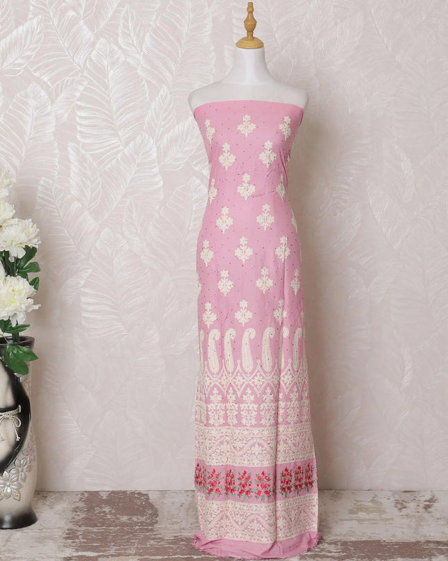 Fandango pink blended cotton lawn fabric with multicolor embroidery having stone work in floral design-D16056 Regal Fabrics
