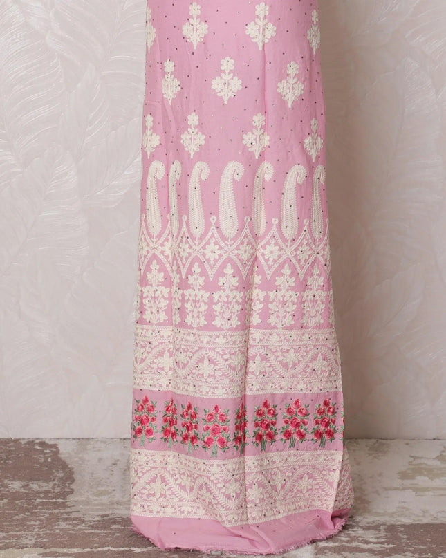 Fandango pink blended cotton lawn fabric with multicolor embroidery having stone work in floral design-D16056 Regal Fabrics