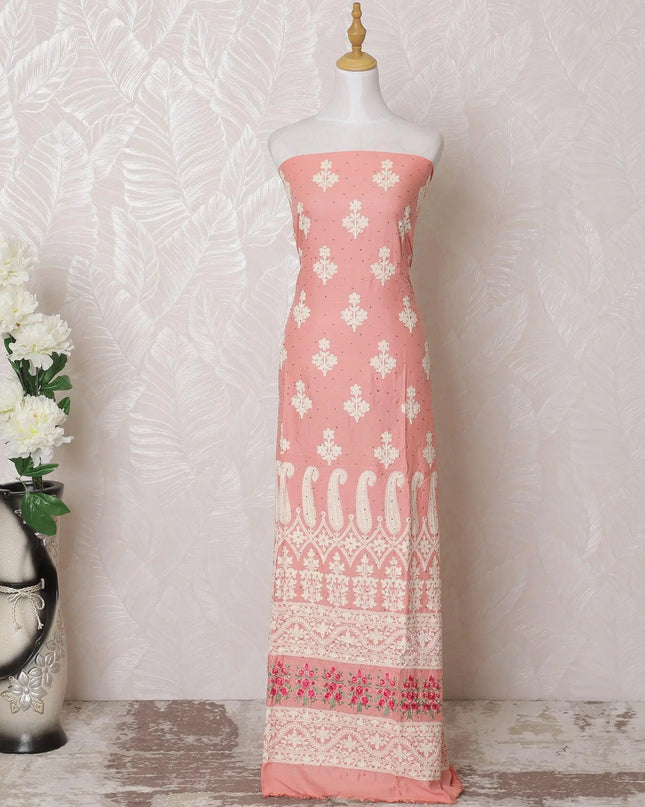 Salmon pink blended cotton lawn fabric with multicolor embroidery having stone work in floral design-D16062 Regal Fabrics