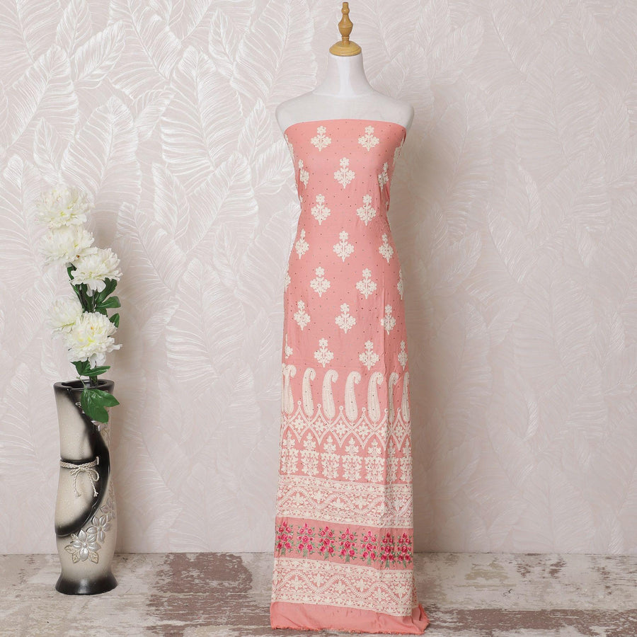 Salmon pink blended cotton lawn fabric with multicolor embroidery having stone work in floral design-D16062