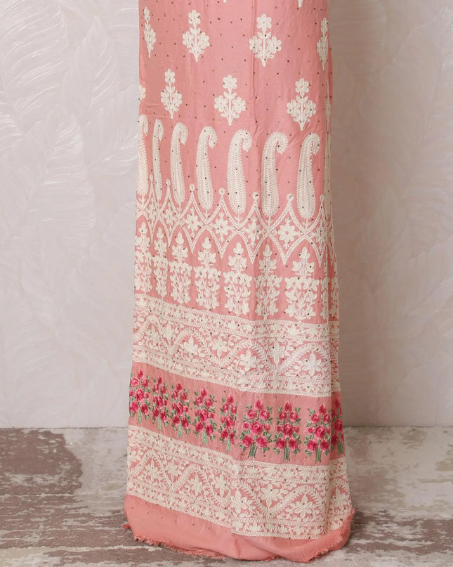 Salmon pink blended cotton lawn fabric with multicolor embroidery having stone work in floral design-D16062 Regal Fabrics