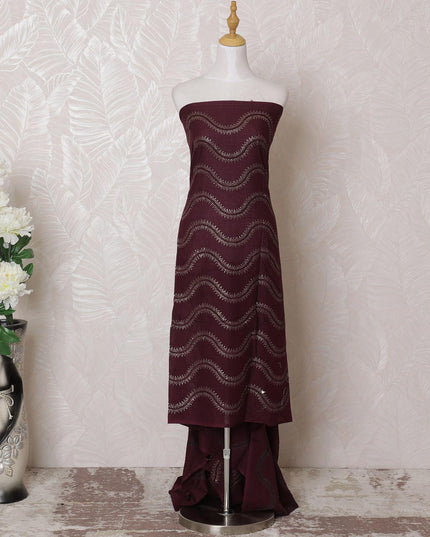 Dark plum blended cotton fabric with same tone, gold embroidery in abstract design-D16076