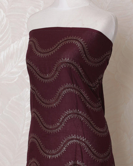 Dark plum blended cotton fabric with same tone, gold embroidery in abstract design-D16076