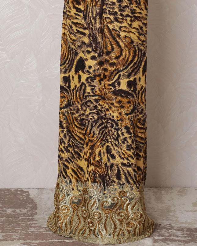 Light gold blended cotton fabric with mocha brown, black print having gold embroidery and stone work in abstract design-D16077