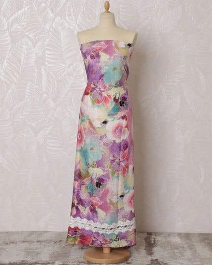 Multicolor blended cotton voile printed fabric with white embroidery and stone work in floral design-D16934 Regal Fabrics