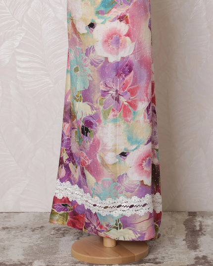 Multicolor blended cotton voile printed fabric with white embroidery and stone work in floral design-D16934 Regal Fabrics