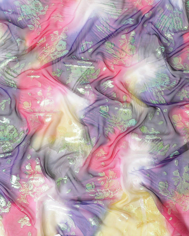 قماش شيفون حريري متعدد الألوان مطبوع يدويًا مع جاكار معدني بألوان قوس قزح بتصميم زهور - D9872