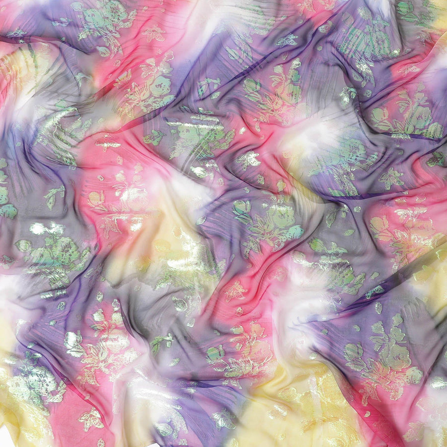 قماش شيفون حريري متعدد الألوان مطبوع يدويًا مع جاكار معدني بألوان قوس قزح بتصميم زهور - D9872