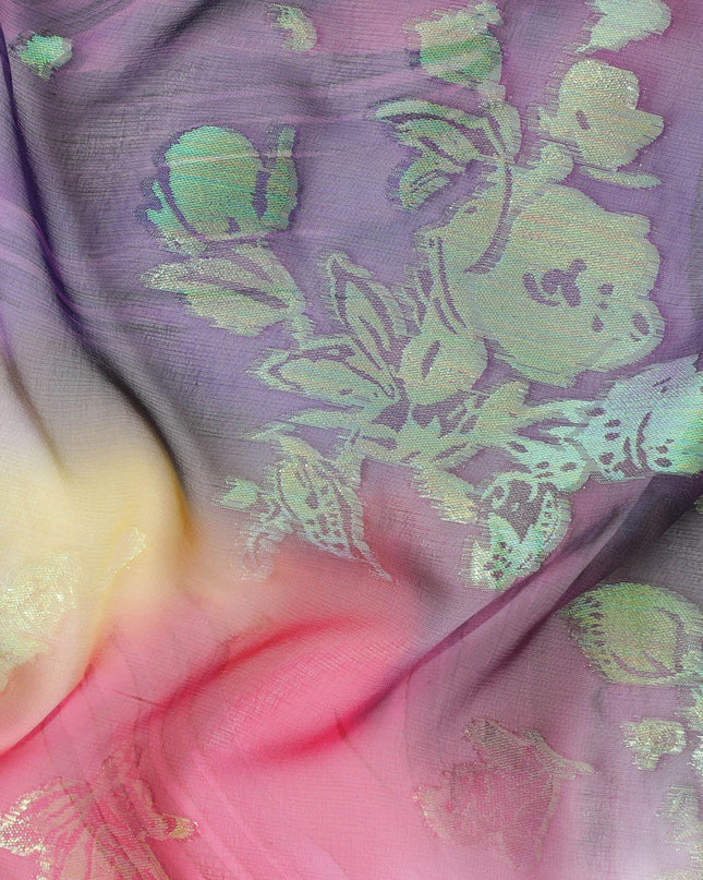 قماش شيفون حريري متعدد الألوان مطبوع يدويًا مع جاكار معدني بألوان قوس قزح بتصميم زهور - D9872