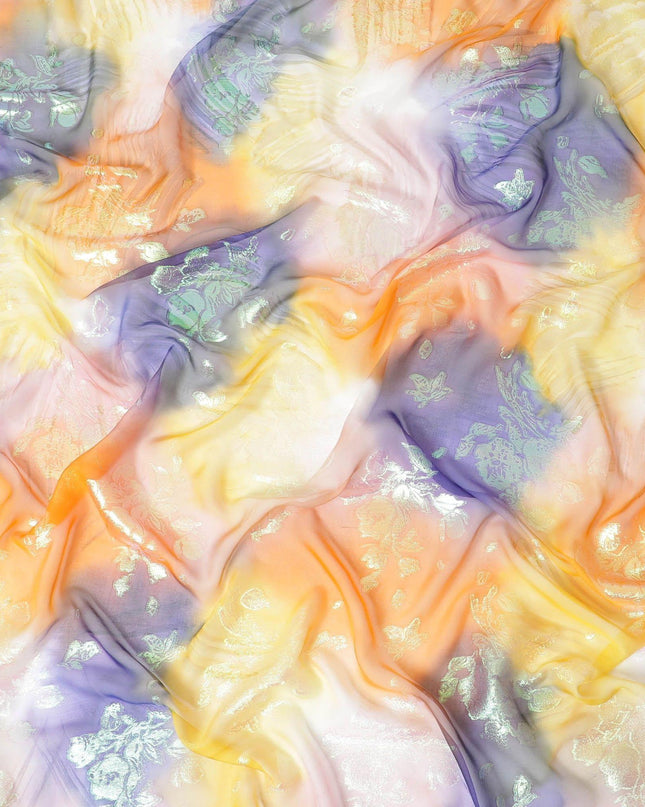 قماش شيفون حريري متعدد الألوان مطبوع يدويًا مع جاكار معدني بألوان قوس قزح بتصميم زهور - D9873