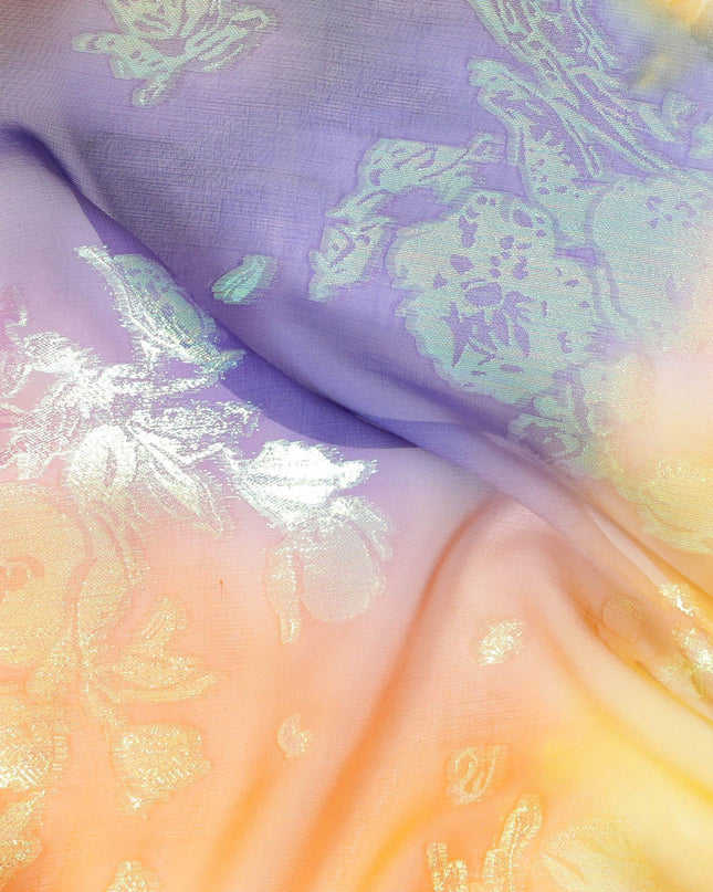 قماش شيفون حريري متعدد الألوان مطبوع يدويًا مع جاكار معدني بألوان قوس قزح بتصميم زهور - D9873