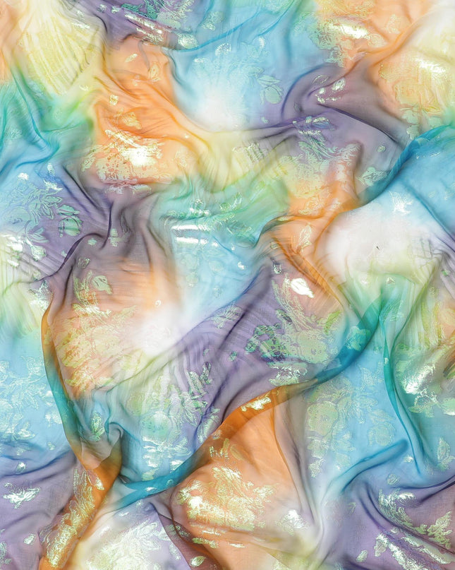 قماش شيفون حريري متعدد الألوان مطبوع يدويًا مع جاكار معدني بألوان قوس قزح بتصميم زهور - D9874