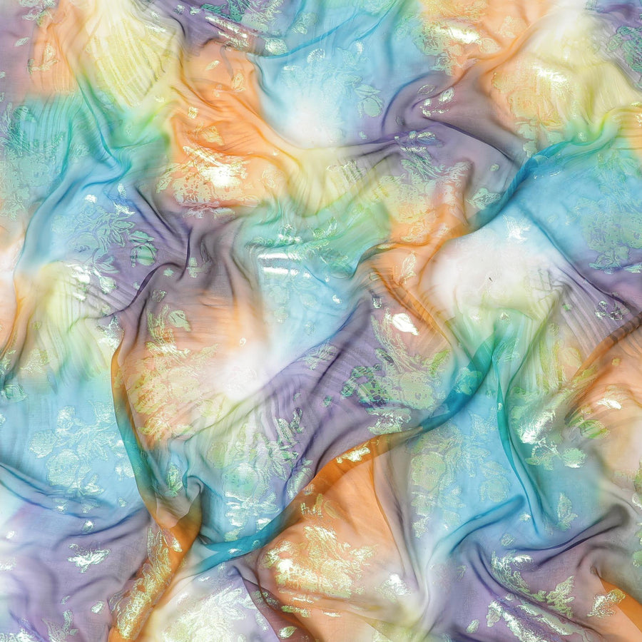 قماش شيفون حريري متعدد الألوان مطبوع يدويًا مع جاكار معدني بألوان قوس قزح بتصميم زهور - D9874