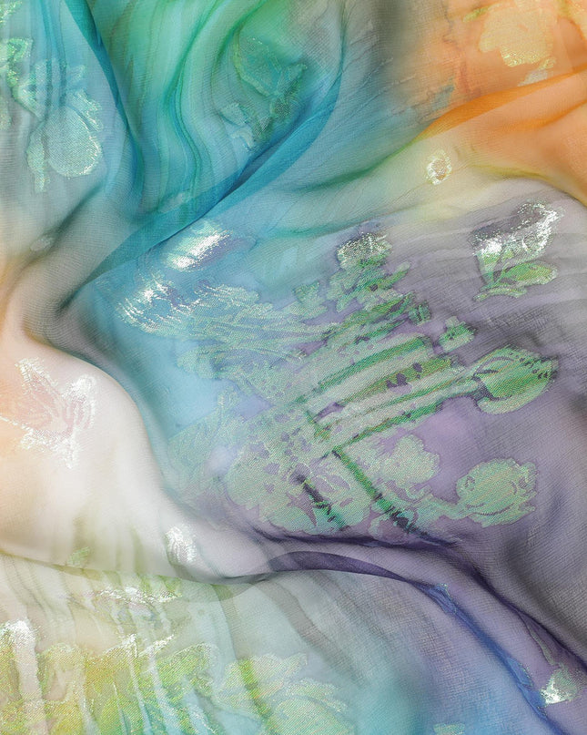 قماش شيفون حريري متعدد الألوان مطبوع يدويًا مع جاكار معدني بألوان قوس قزح بتصميم زهور - D9874