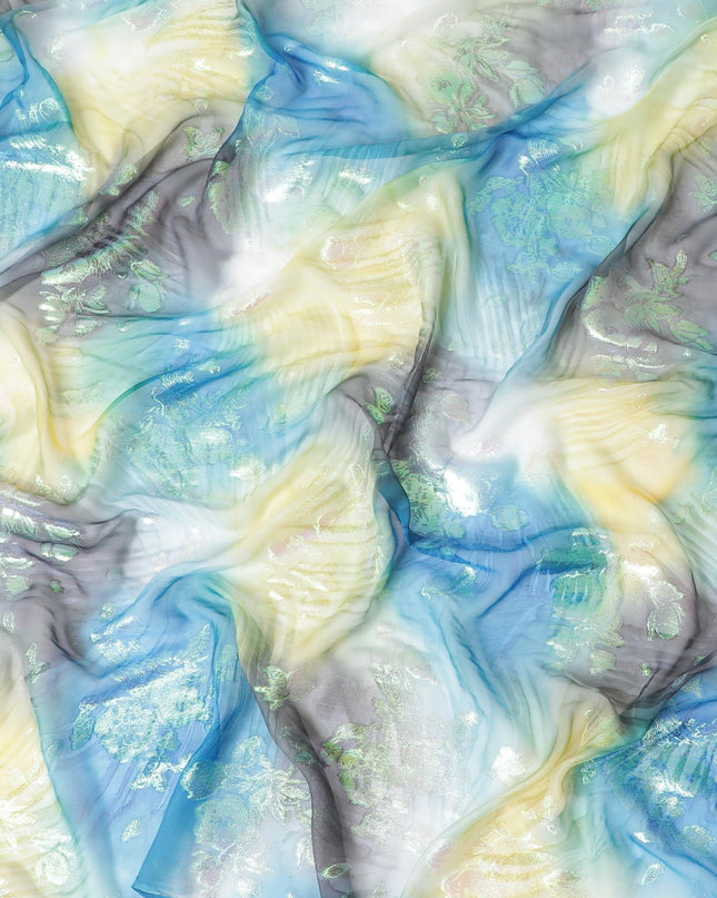 قماش شيفون حريري متعدد الألوان مطبوع يدويًا مع جاكار معدني بألوان قوس قزح بتصميم زهور - D9875