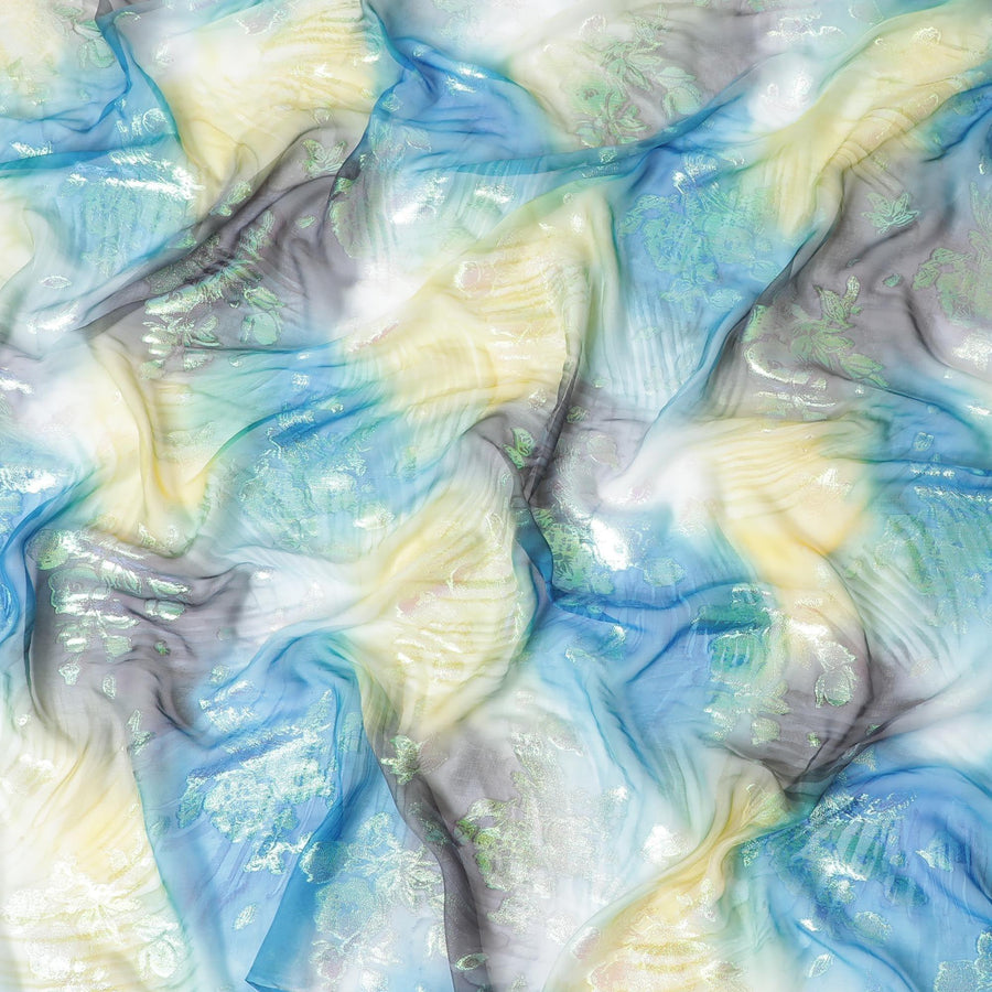 قماش شيفون حريري متعدد الألوان مطبوع يدويًا مع جاكار معدني بألوان قوس قزح بتصميم زهور - D9875