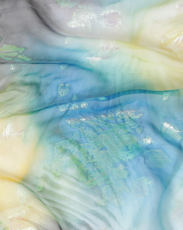 قماش شيفون حريري متعدد الألوان مطبوع يدويًا مع جاكار معدني بألوان قوس قزح بتصميم زهور - D9875