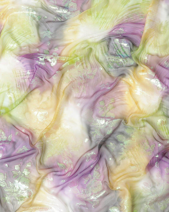 قماش شيفون حريري متعدد الألوان مطبوع يدويًا مع جاكار معدني بألوان قوس قزح بتصميم زهور - D9876