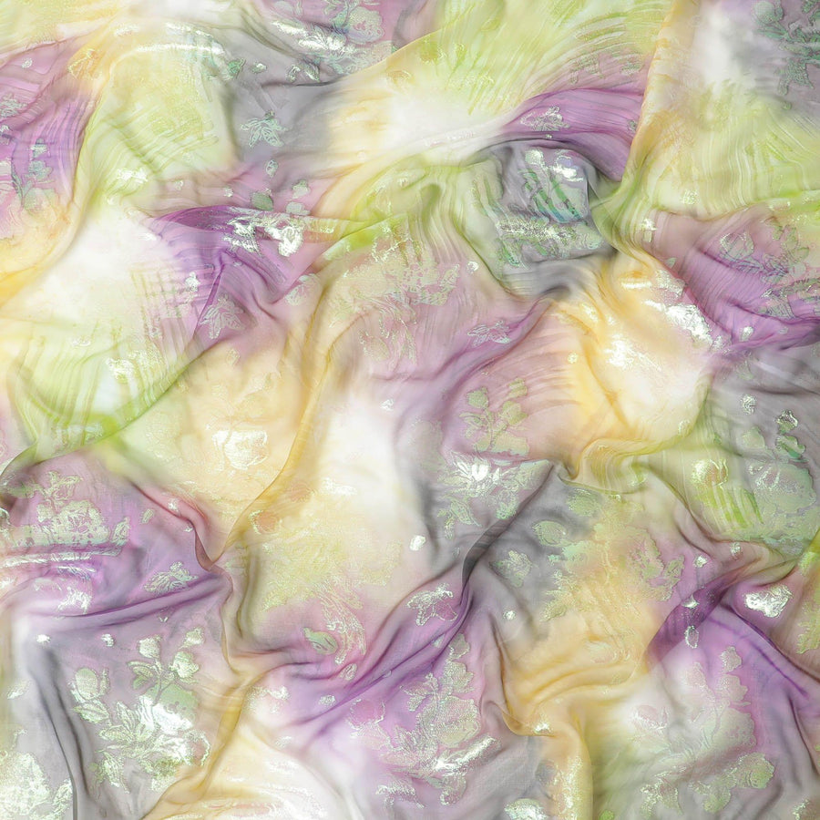 قماش شيفون حريري متعدد الألوان مطبوع يدويًا مع جاكار معدني بألوان قوس قزح بتصميم زهور - D9876