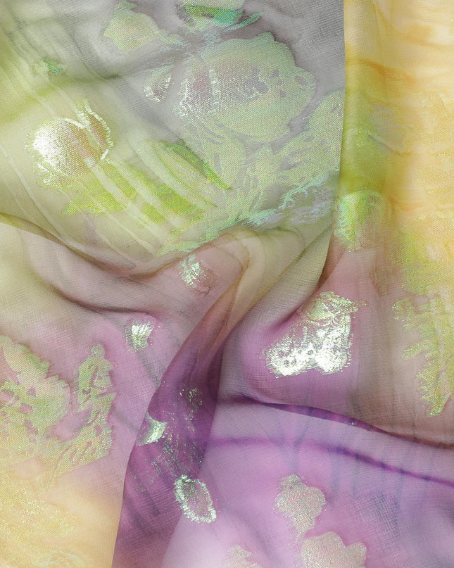 قماش شيفون حريري متعدد الألوان مطبوع يدويًا مع جاكار معدني بألوان قوس قزح بتصميم زهور - D9876