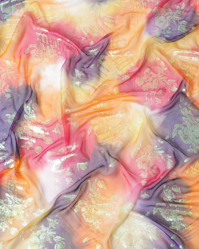 قماش شيفون حريري متعدد الألوان مطبوع يدويًا مع جاكار معدني بألوان قوس قزح بتصميم زهور - D9877