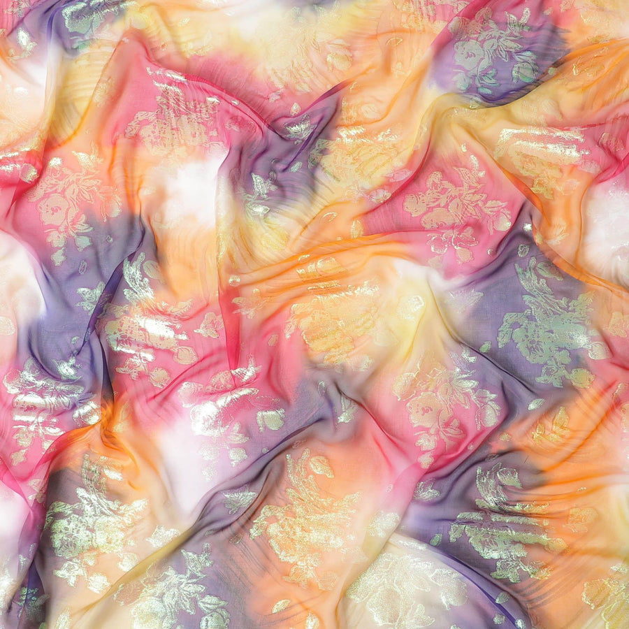 قماش شيفون حريري متعدد الألوان مطبوع يدويًا مع جاكار معدني بألوان قوس قزح بتصميم زهور - D9877