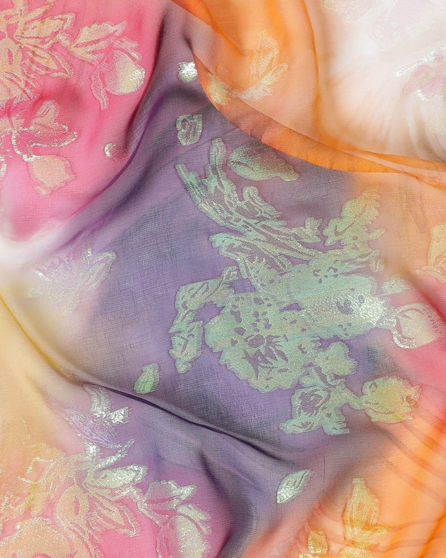 قماش شيفون حريري متعدد الألوان مطبوع يدويًا مع جاكار معدني بألوان قوس قزح بتصميم زهور - D9877