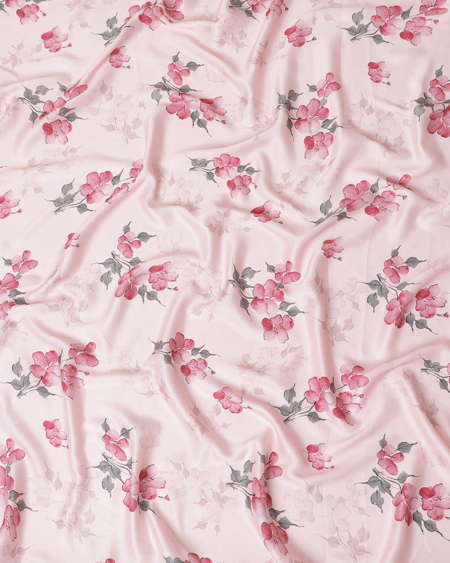 قماش كريب صناعي وردي ليمونادي مع طباعة باللون الأسود والوردي الداكن والأخضر بتصميم الأزهار-D15654