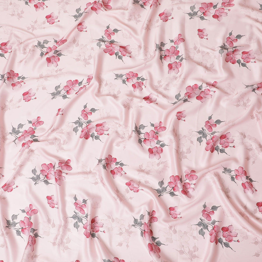 Lemonade pink synthetic crepe fabric with print in black, dark pink and green in floral design-D15654