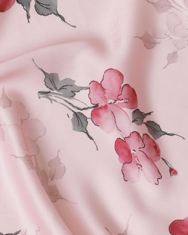 قماش كريب صناعي وردي ليمونادي مع طباعة باللون الأسود والوردي الداكن والأخضر بتصميم الأزهار-D15654