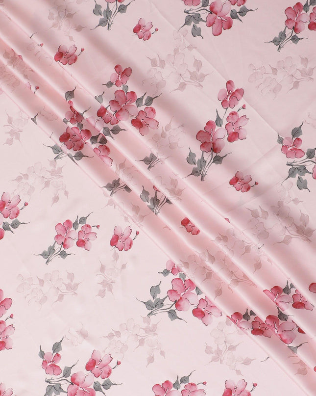 قماش كريب صناعي وردي ليمونادي مع طباعة باللون الأسود والوردي الداكن والأخضر بتصميم الأزهار-D15654