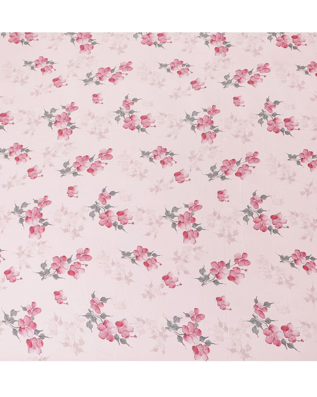 قماش كريب صناعي وردي ليمونادي مع طباعة باللون الأسود والوردي الداكن والأخضر بتصميم الأزهار-D15654