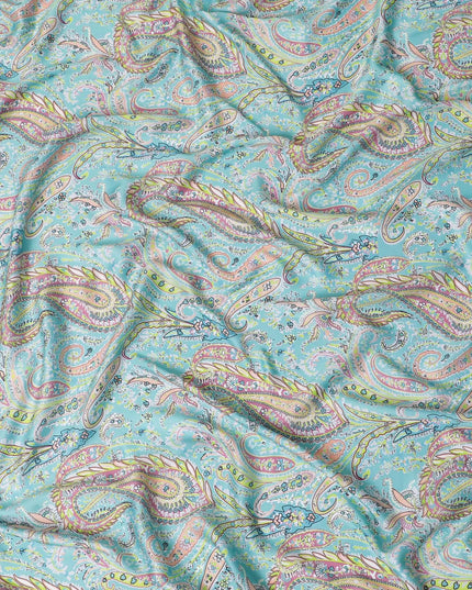 Light Dynasty green synthetic crepe fabric with multicolor print in paisley design-D15656