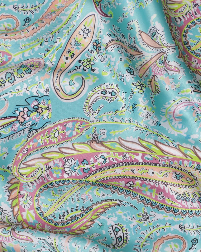 Light Dynasty green synthetic crepe fabric with multicolor print in paisley design-D15656