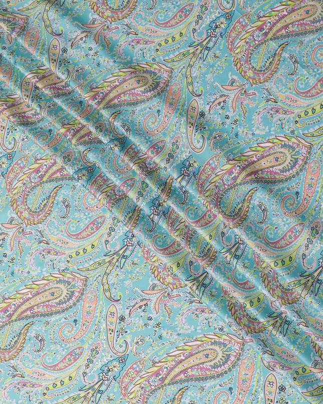 Light Dynasty green synthetic crepe fabric with multicolor print in paisley design-D15656