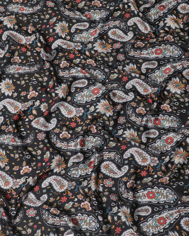 Black synthetic crepe fabric with multicolor print in paisley design-D15657