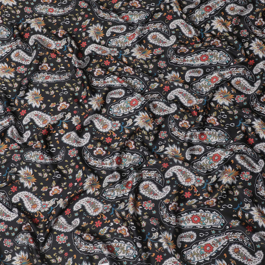 Black synthetic crepe fabric with multicolor print in paisley design-D15657