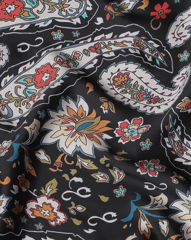 Black synthetic crepe fabric with multicolor print in paisley design-D15657