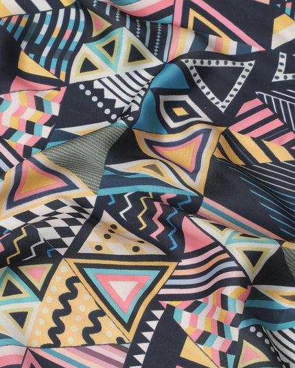 Black synthetic crepe fabric with multicolor print in abstract design-D15659