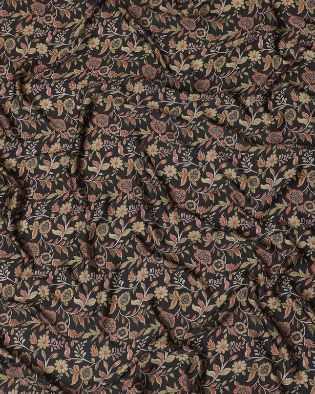 Black synthetic crepe fabric with multicolor print in floral design-D15661