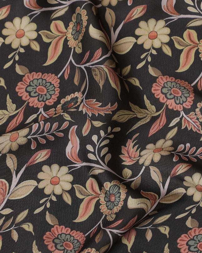 Black synthetic crepe fabric with multicolor print in floral design-D15661