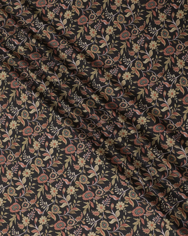 Black synthetic crepe fabric with multicolor print in floral design-D15661