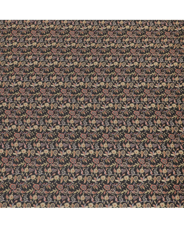 Black synthetic crepe fabric with multicolor print in floral design-D15661