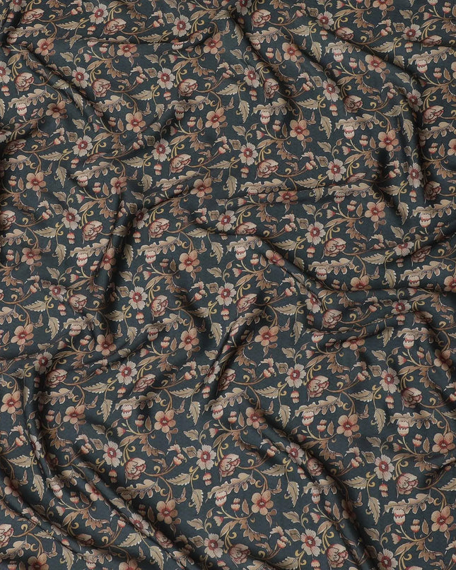 Seaweed green synthetic crepe fabric with multicolor print in floral design-D15662 Regal Fabrics