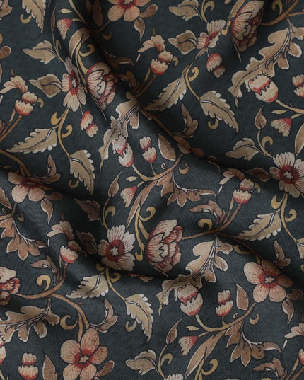 Seaweed green synthetic crepe fabric with multicolor print in floral design-D15662