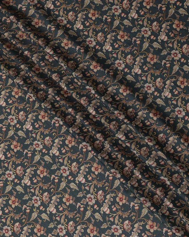 Seaweed green synthetic crepe fabric with multicolor print in floral design-D15662 Regal Fabrics