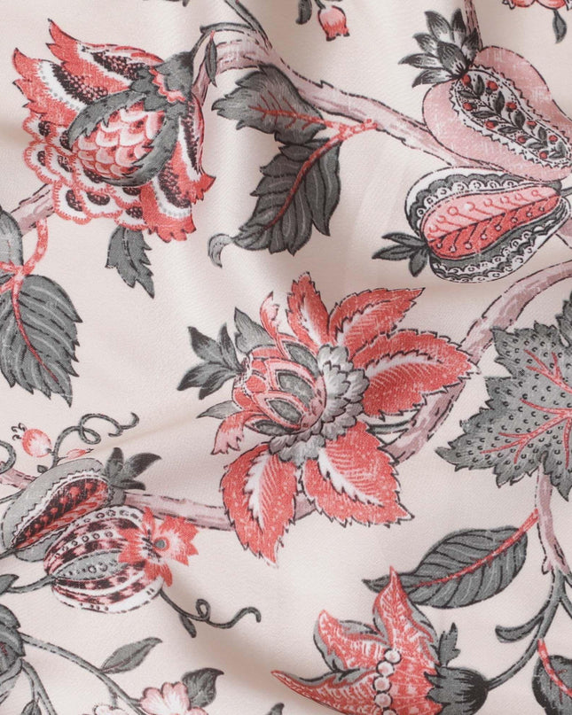 قماش كريب صناعي أبيض جوز الهند مع طباعة متعددة الألوان بتصميم الأزهار-D15664