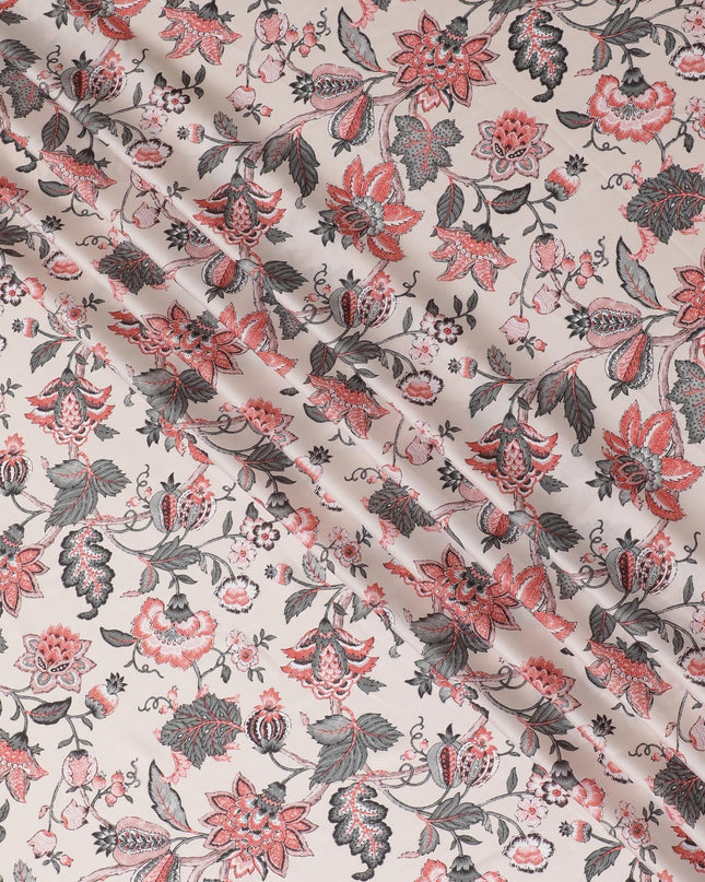 قماش كريب صناعي أبيض جوز الهند مع طباعة متعددة الألوان بتصميم الأزهار-D15664