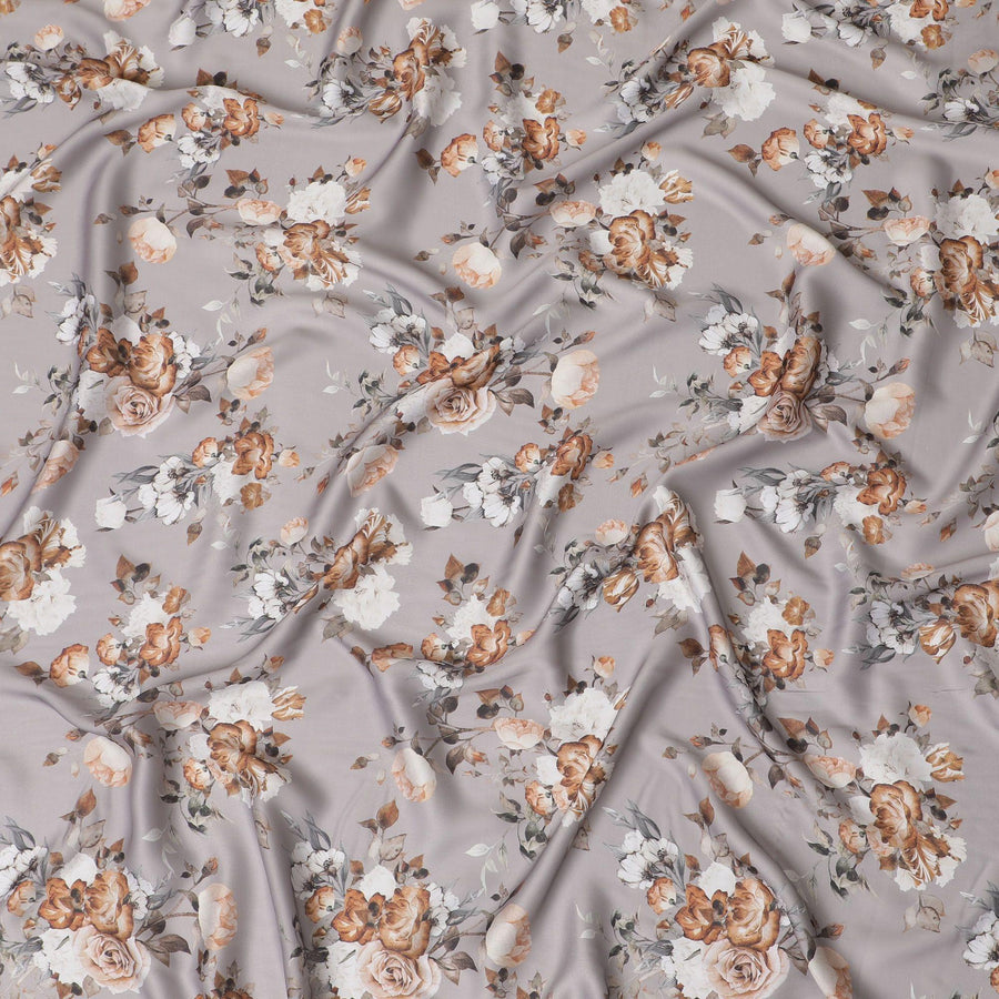 قماش كريب صناعي باللون الرمادي البيوتر مع طباعة متعددة الألوان بتصميم الأزهار-D15666